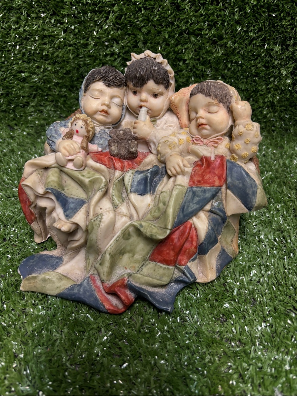 Sleeping Triplet Figurine with Patchwork Blanket - Neutral Tones